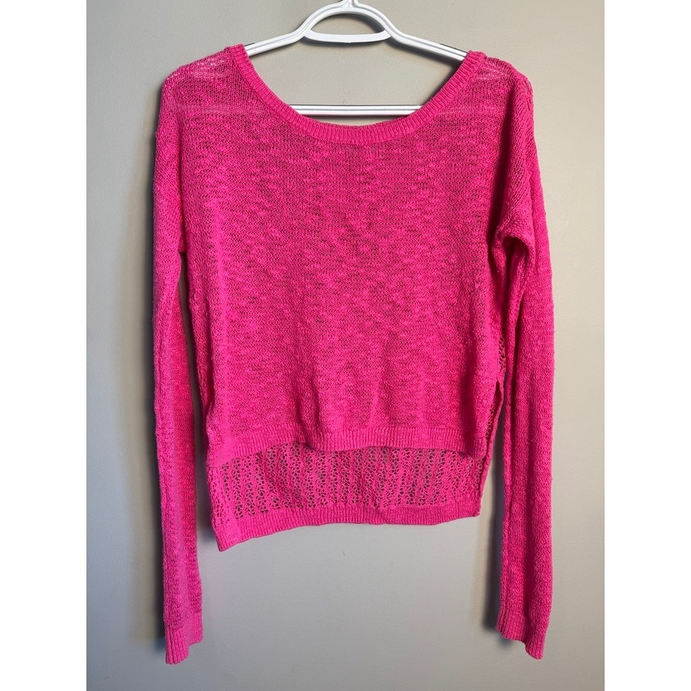 Abercrombie & Fitch Women Pink Open Knit Hi-Low Sweater M Barbiecore Boho Summer